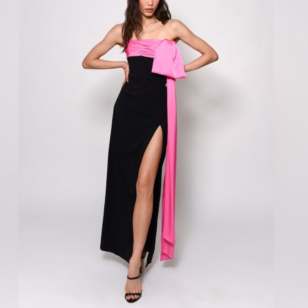 HUTCH NWT BLOGGER Black Pink Satin Drape Strapless Column Maxi Dress Serina Gown - Picture 8 of 17